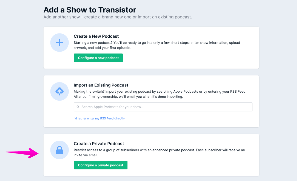 add a private podcast on transistor hosting