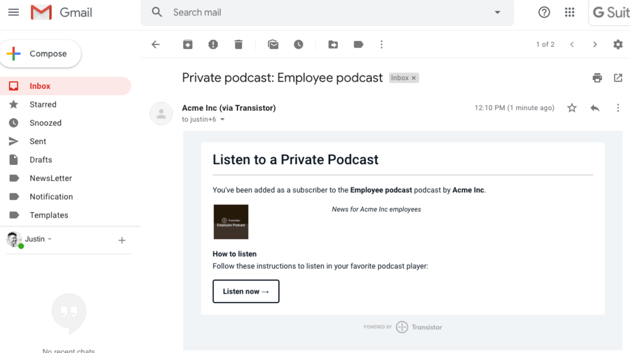 private podcasting confirmation email